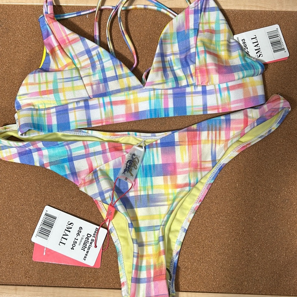 Bikini top and V- bottom set cross back triangle bralette plaid set small